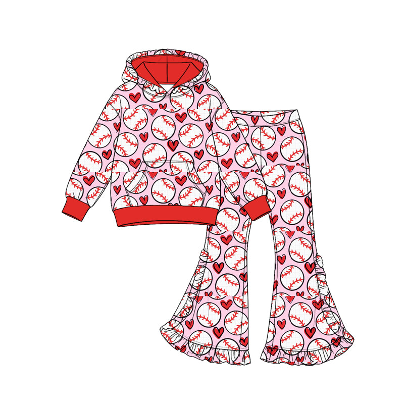 (Preorder new) No moq Baby Girls Baseball Heart Print Hoodie Flare Pant Ruffle Top Skirted Long Sleeve Set