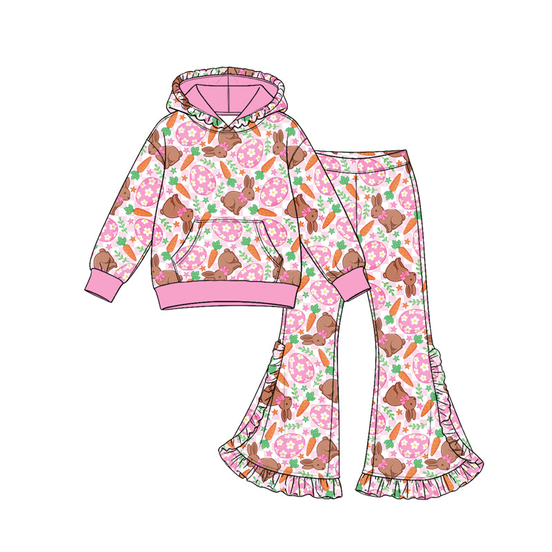 (Preorder new) No moq Baby Girls Easter Bunny Carrot Floral Print Outfit Hoodie Flare Pant Ruffle Top Skirt Long Sleeve Set