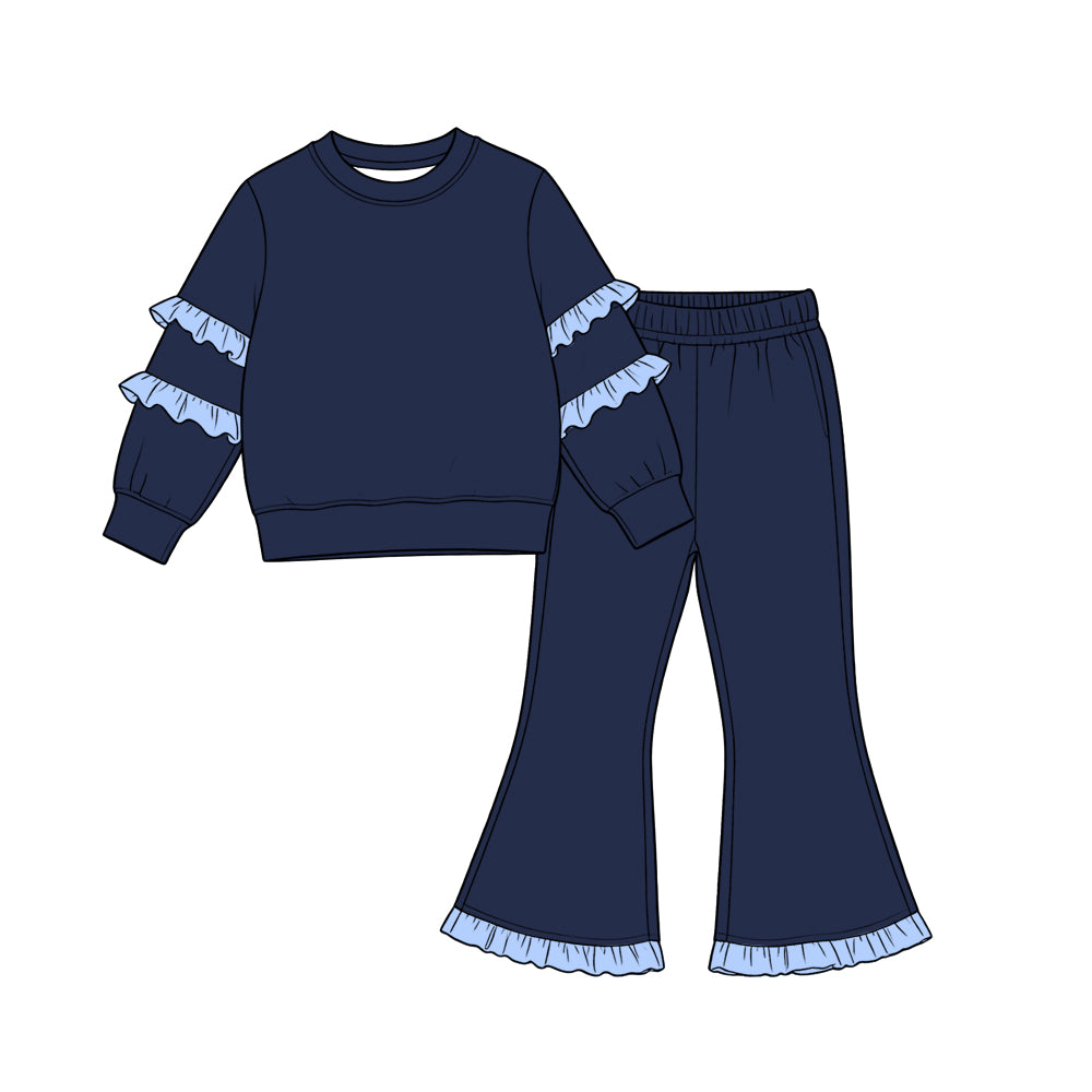 (Preorder new) No moq Baby Girls Solid Color Ruffle Sleeve Sweatshirt And Flare Pant Outfit Set