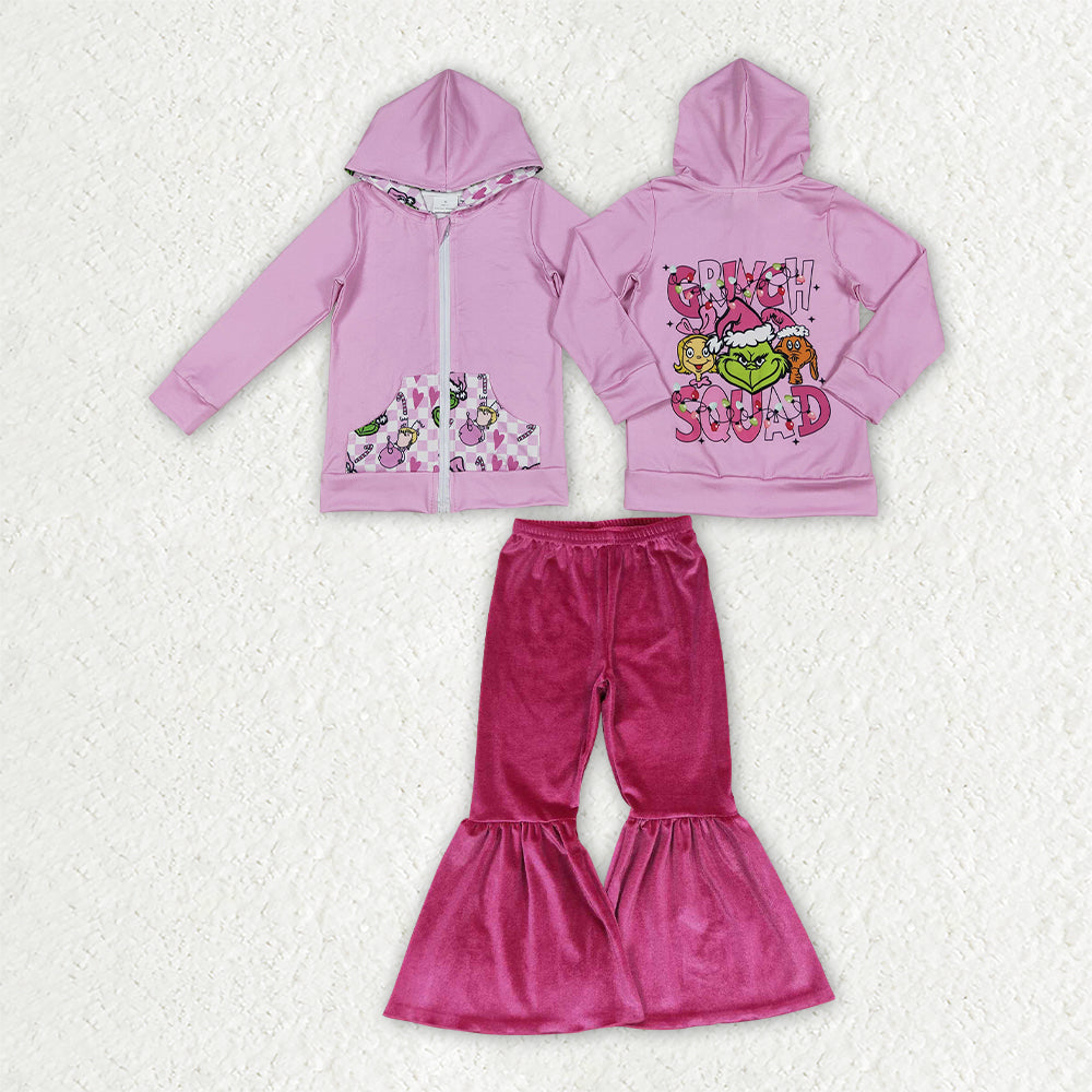 NEW RTS NO MOQ milk silk GLP3953(GT1142+P0224)Baby Girls Christmas Zip Pocket Hoodie Jacket Velvet Bell Bottom Pant Set