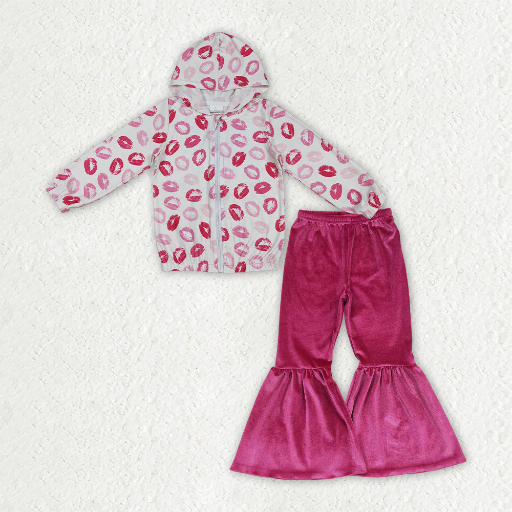 NEW RTS NO MOQ milk silk GLP3954(GT1420+P0224)Baby Girls Zip Pockets Hoodie Jacket Velvet Bell Bottom Pant Valentines Set