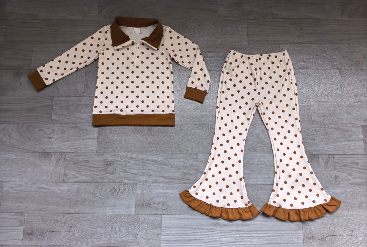 (Sample) No moq milk silk GLP3959 Baby Girls Brown Polka Dots Print Half Zip Collar Top Ruffle Flare Pant Clothes Set