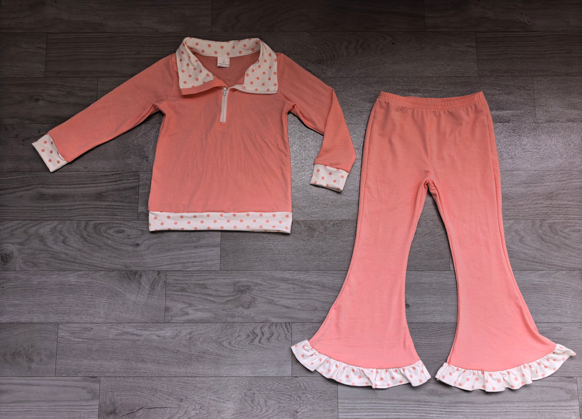 (Sample) No moq milk silk GLP3961 Baby Girls Pink Half Zip Collar Long Sleeve Top Ruffle Flare Pant Clothes Set