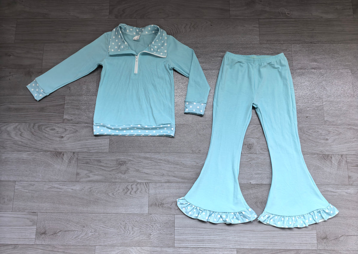 (Sample) No moq milk silk GLP3963 Baby Girls Blue Half Zip Collar Top Ruffle Flare Pant Clothes Set