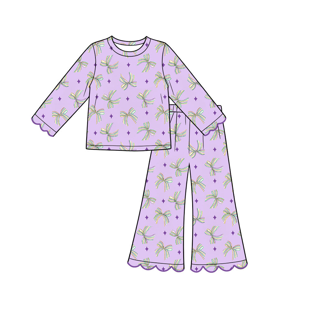(Preorder new) No moq GLP3976 Baby Girls Rainbow Bows Flare Pants Scallop Trim Clothes Sets