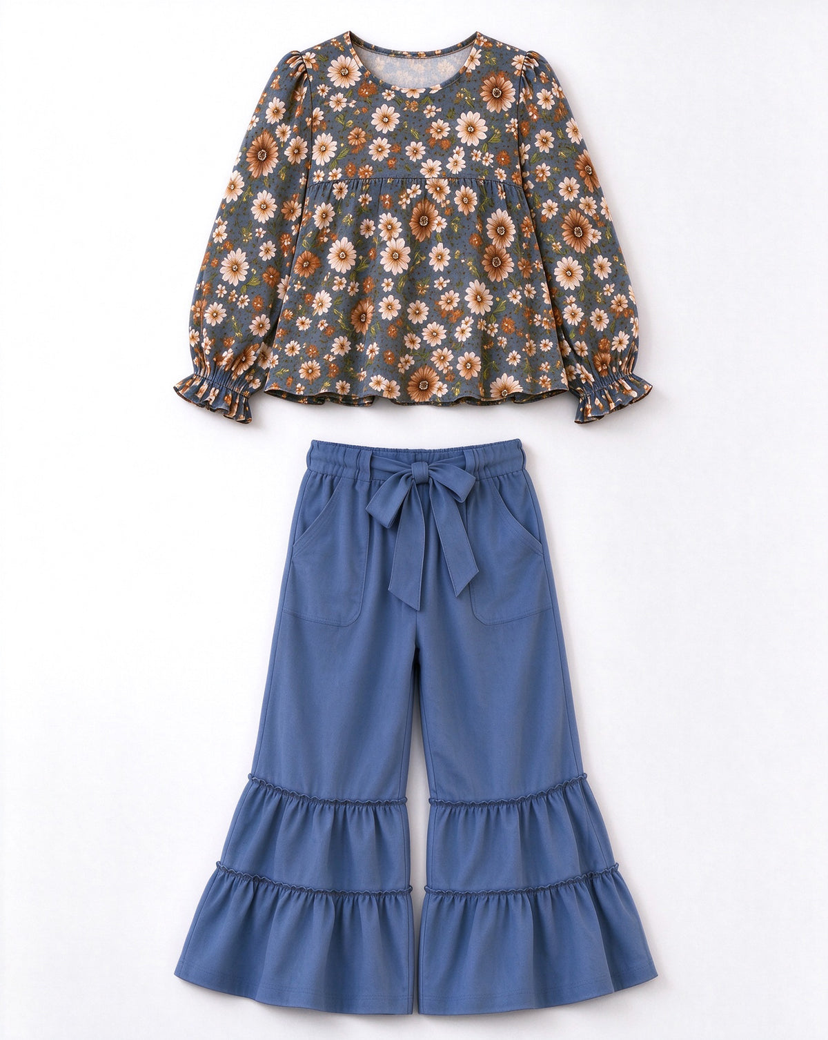 (Preorder new) No moq GLP3979(GT1945+P1269) Baby Girls Small Daisy Flowers Top Side Pockets Bell Bottom Pant Fall Outfit Set