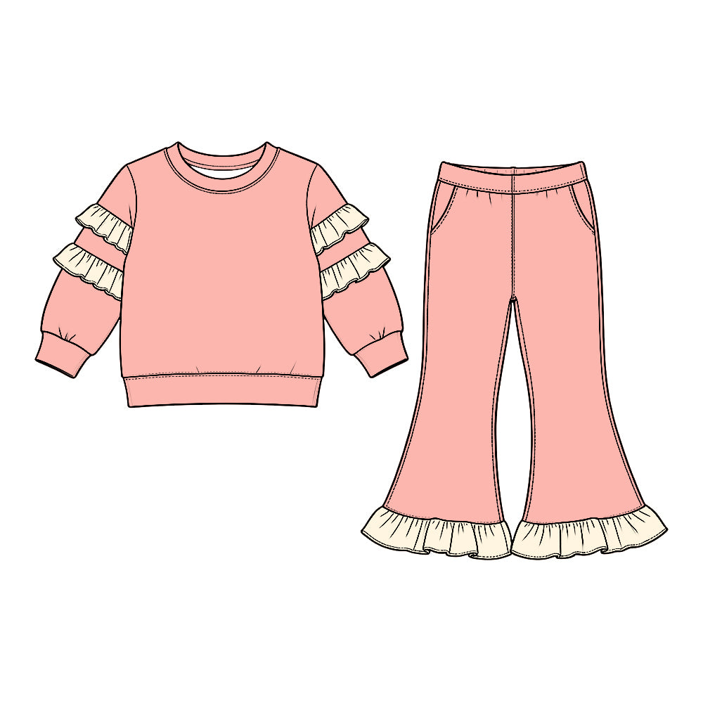 (Preorder new) No moq GLP3980 Baby Girls Peach Long Sleeve Top Bell Bottom Ruffle Pant Clothes Set