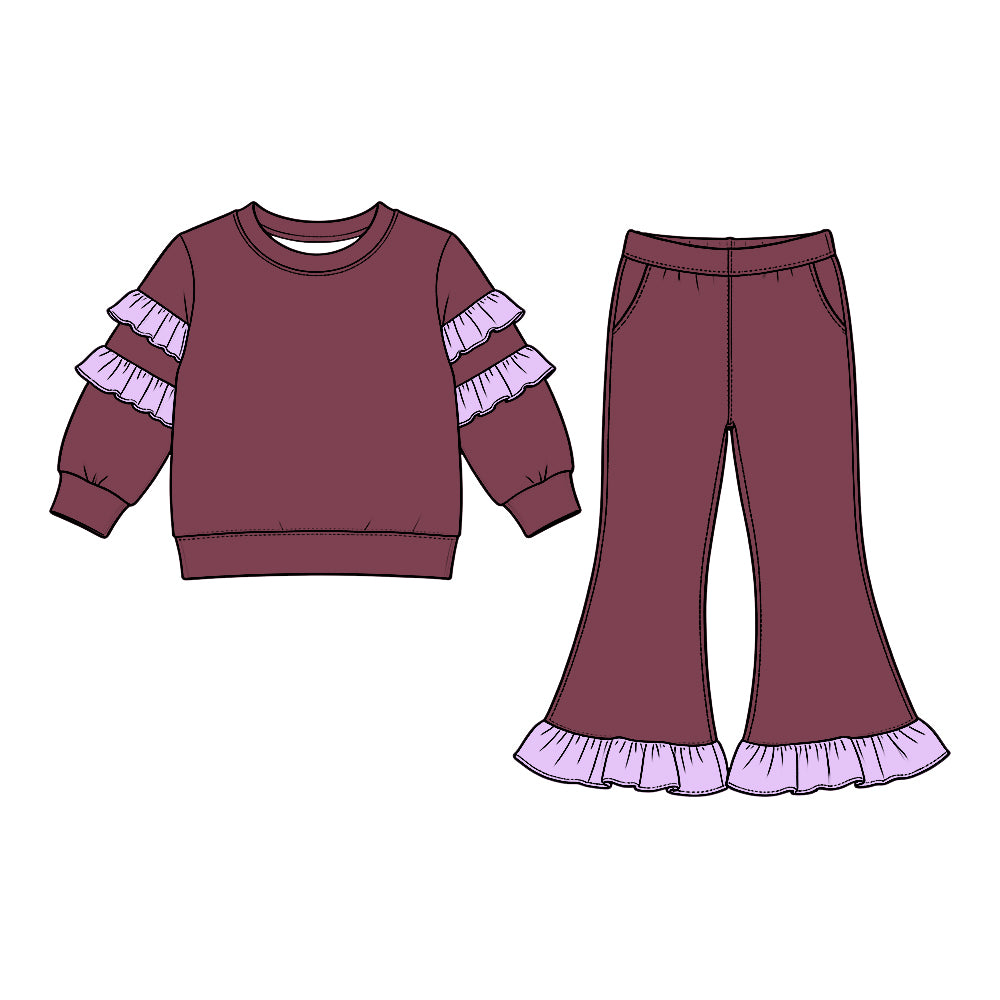 (Preorder new) No moq GLP3983 Baby Girls Maroon Long Sleeve Top Bell Bottom Ruffle Pant Clothes Set