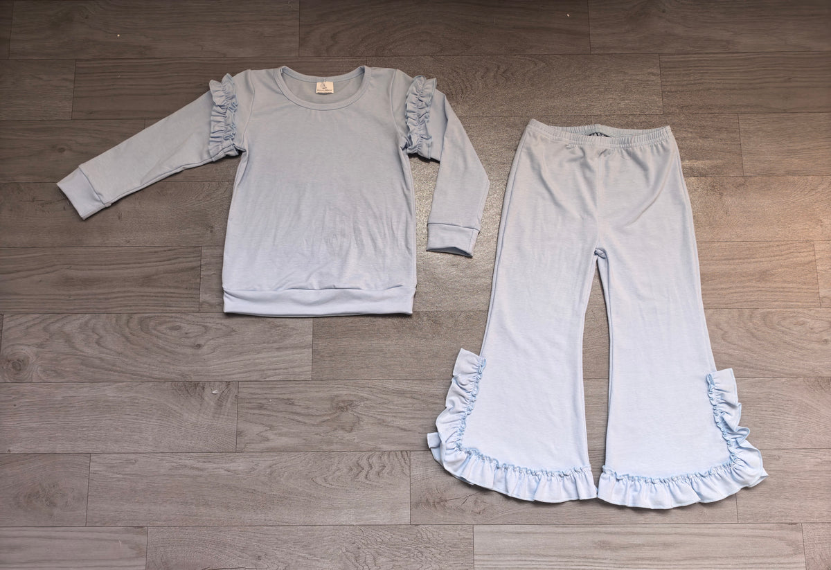 (Sample) No moq cotton GLP3984(GT1948+P1270)Baby Girls Light Blue Cotton Top Ruffle Bows Flare Pant Casual Set