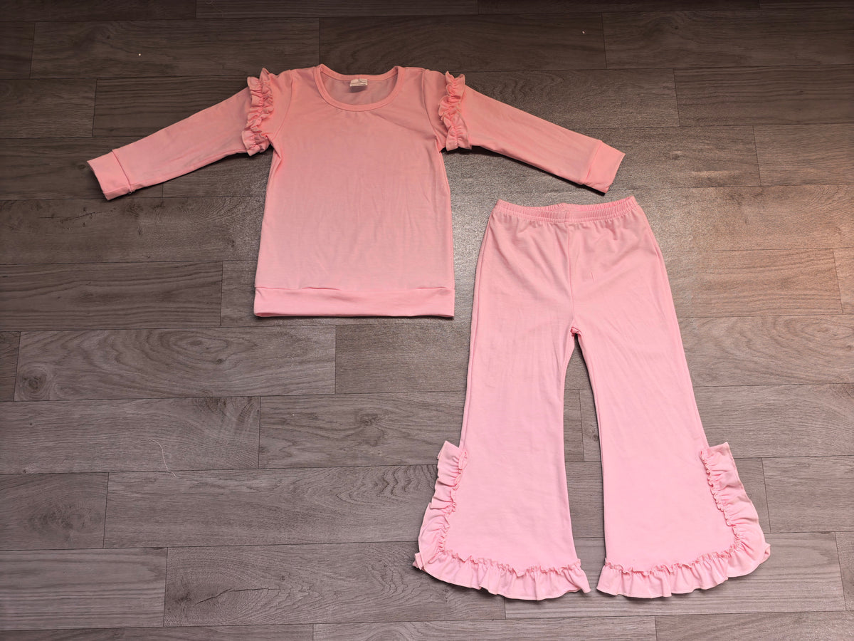 (Sample) No moq cotton GLP3985(GT1949+P1271)Baby Girls Pink Cotton Top Ruffle Bows Flare Pant Casual Set