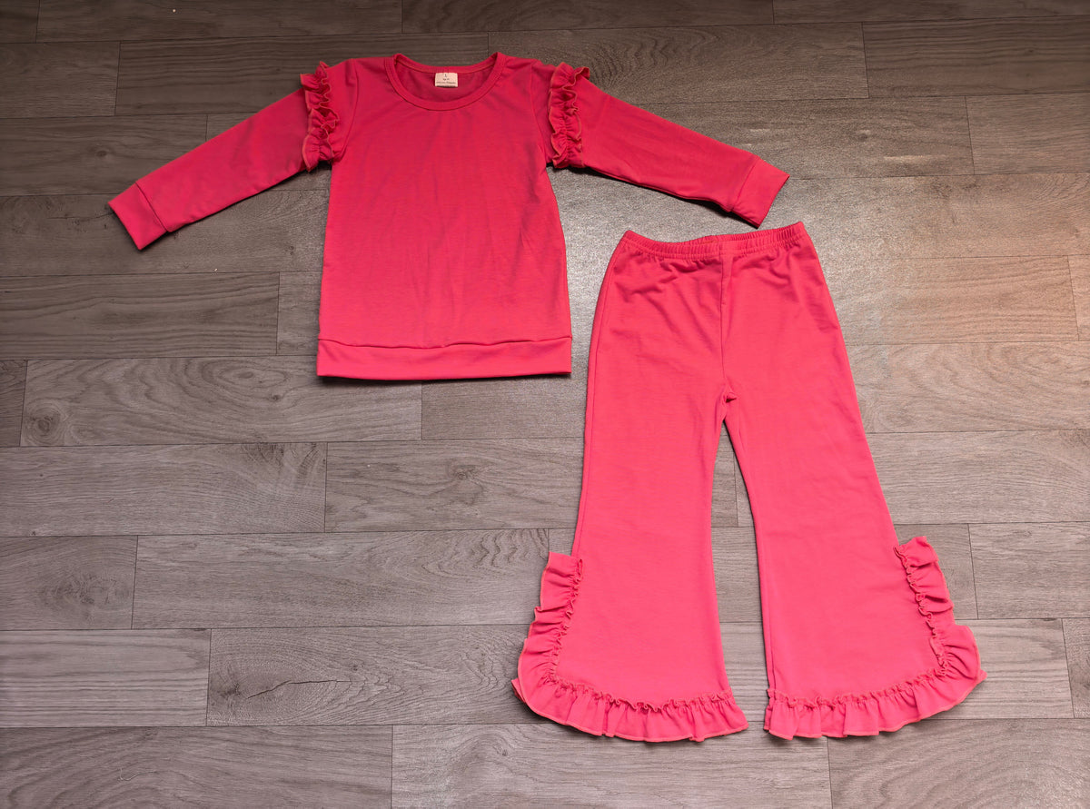 (Sample) No moq cotton GLP3987(GT1951+P1273)Baby Girls Hot Pink Cotton Top Ruffle Bows Flare Pant Casual Set
