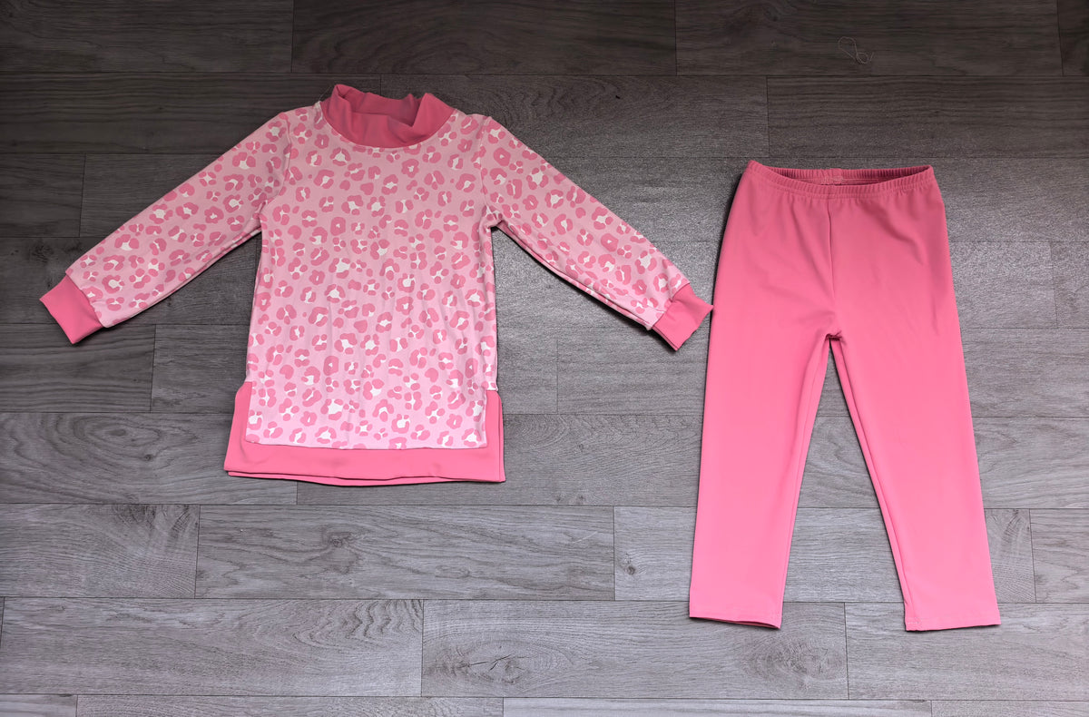(Sample) No moq yoga fabric GLP4007(GT1972+P1285) High Neck Baby Girls Pink Leopard Mock Neck Tunic Solid Color Legging Yoga Outfit