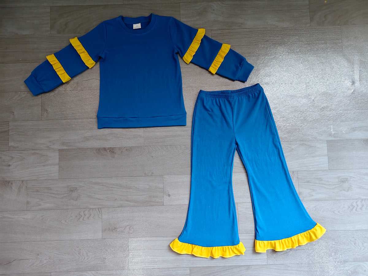 (Sample) No moq cotton GLP4008 Baby Girls Blue Long Sleeve Top Ruffle Bell Bottom Pant Clothes Set