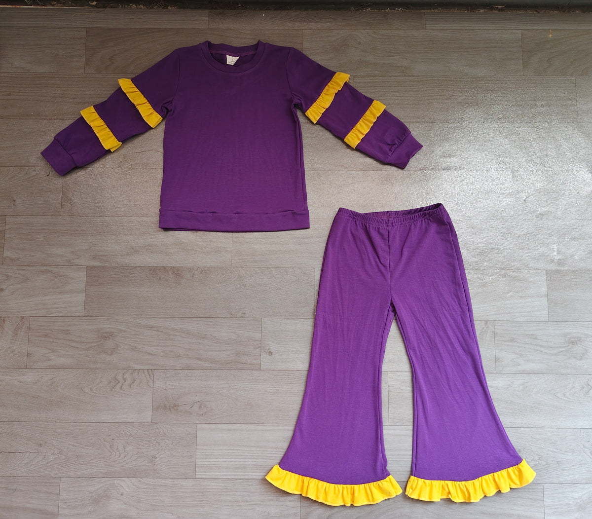 (Sample) No moq cotton GLP4013 Baby Girls Purple Long Sleeve Top Ruffle Bell Bottom Pant Clothes Set