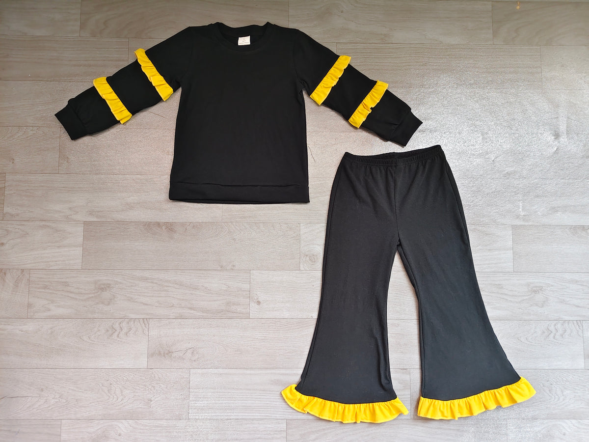 (Sample) No moq cotton GLP4014 Baby Girls Black Long Sleeve Top Yellow Ruffle Bell Bottom Pant Clothes Set