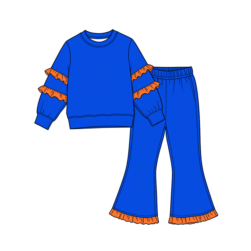 (Preorder new) No moq Baby Girls Solid Color Long Sleeve Top Double Ruffle Sleeve And Hem Bell Bottom Pants Set