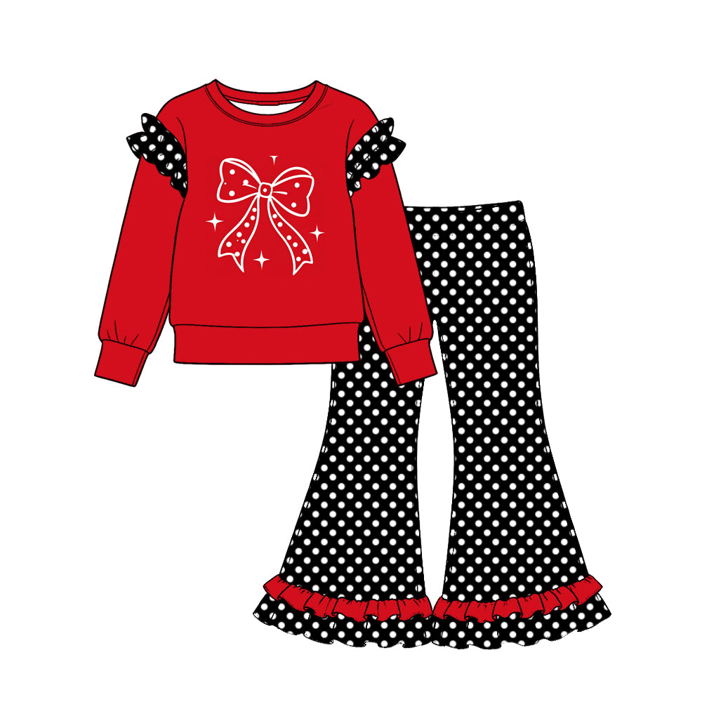 (Preorder new) No moq Girls Bow Print Long Sleeve Top And Flare Pant Clothes Set