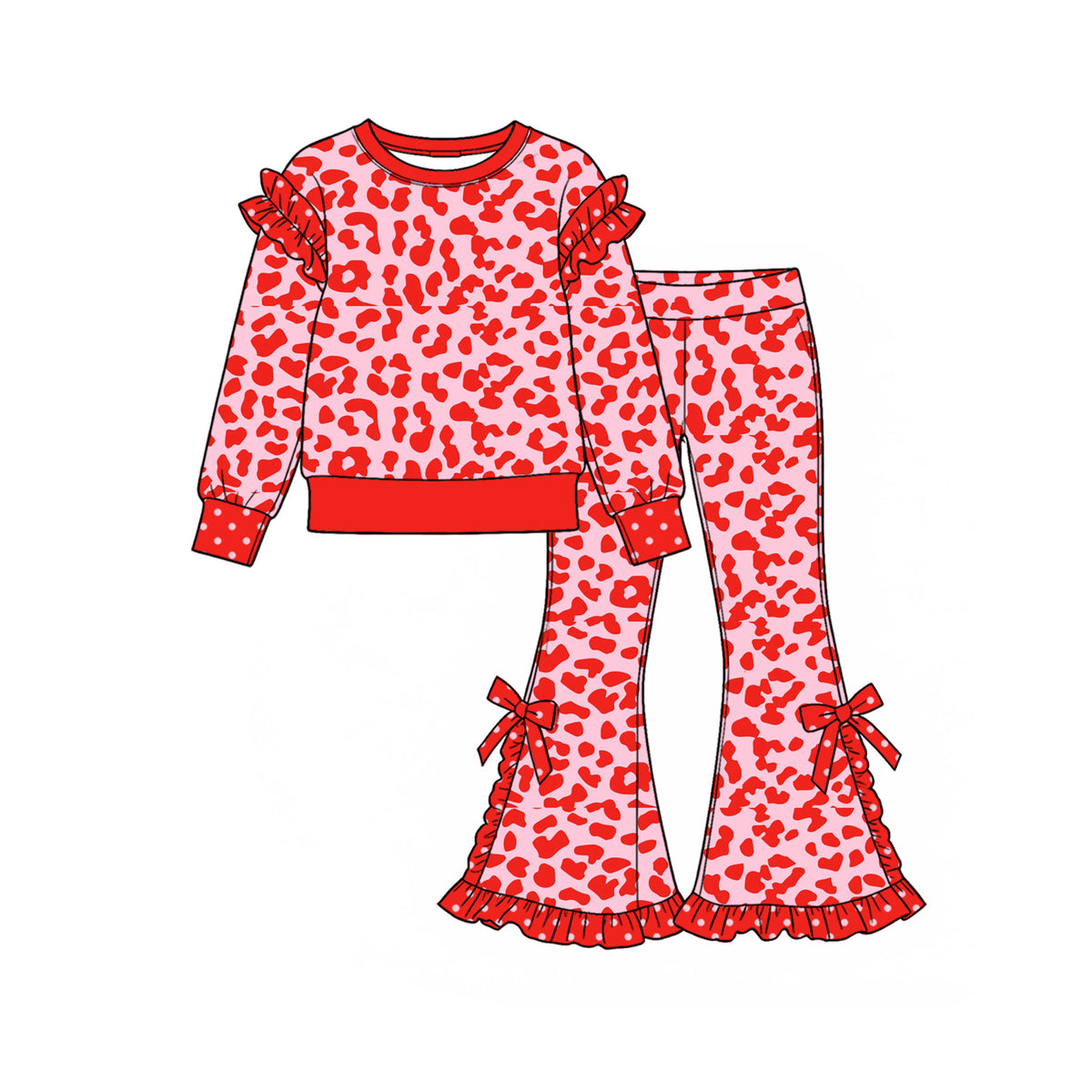(Preorder new) No moq GLP4025 Baby Girls Pink Red Leopard Print Ruffle Long Sleeve Sweatshirt Bow Bell Bottom Pants Set