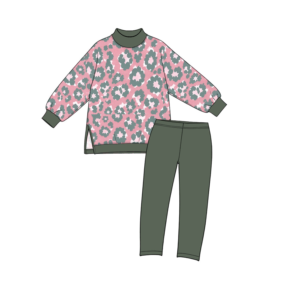 (Preorder new) No moq yoga fabric Baby Girls Leopard Long Sleeve Printed Crew Neck Top And And Solid Leggings Yoga Set