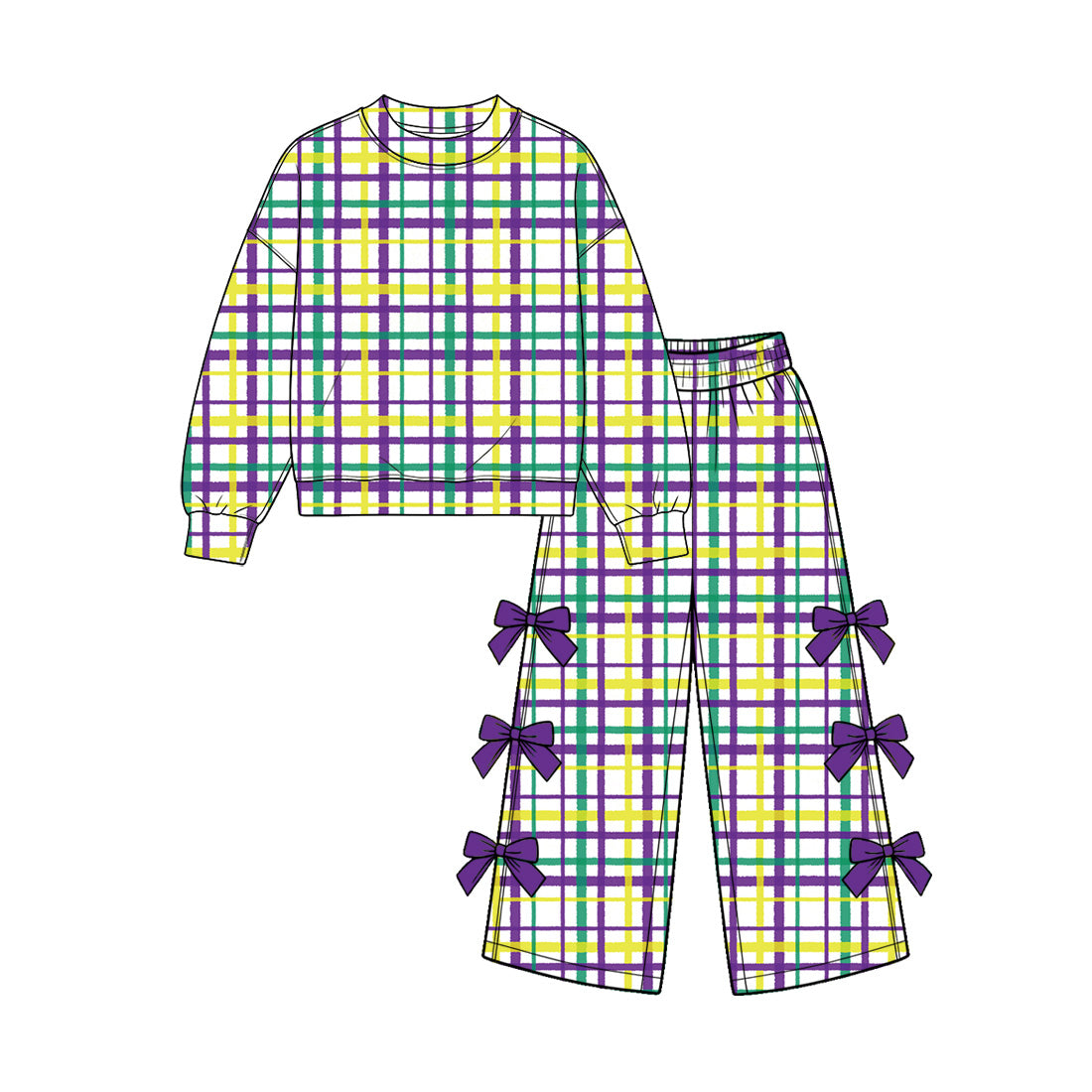 (Preorder new) No moq GLP4078 Baby Girls Plaid Print Long Sleeve Top And Bow Wide Leg Pant Clothes Set