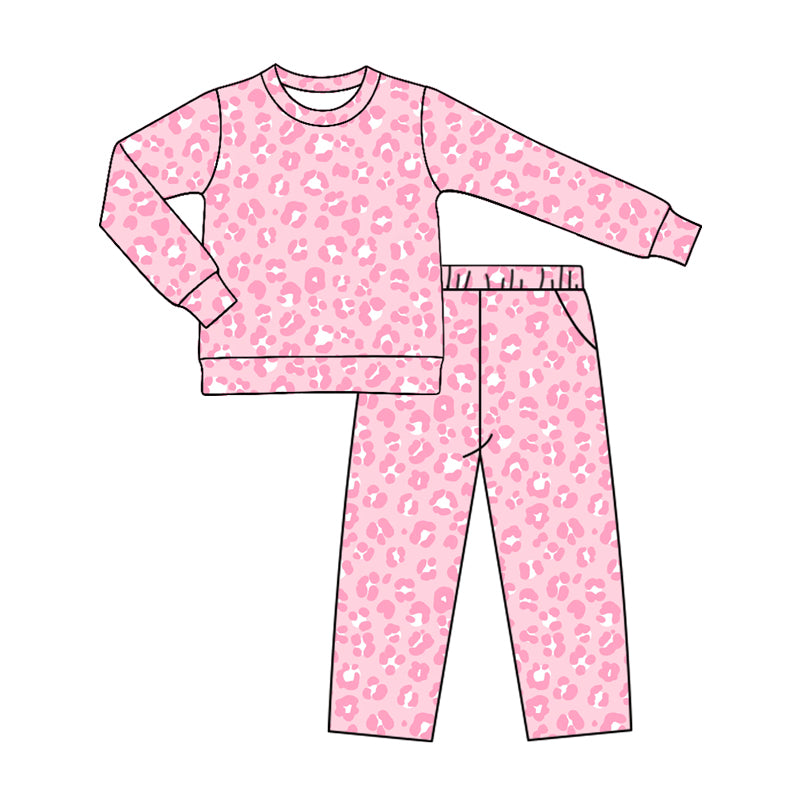 (Preorder new) No moq Baby Girls Leopard Print Crew Neck Top And Pant Set