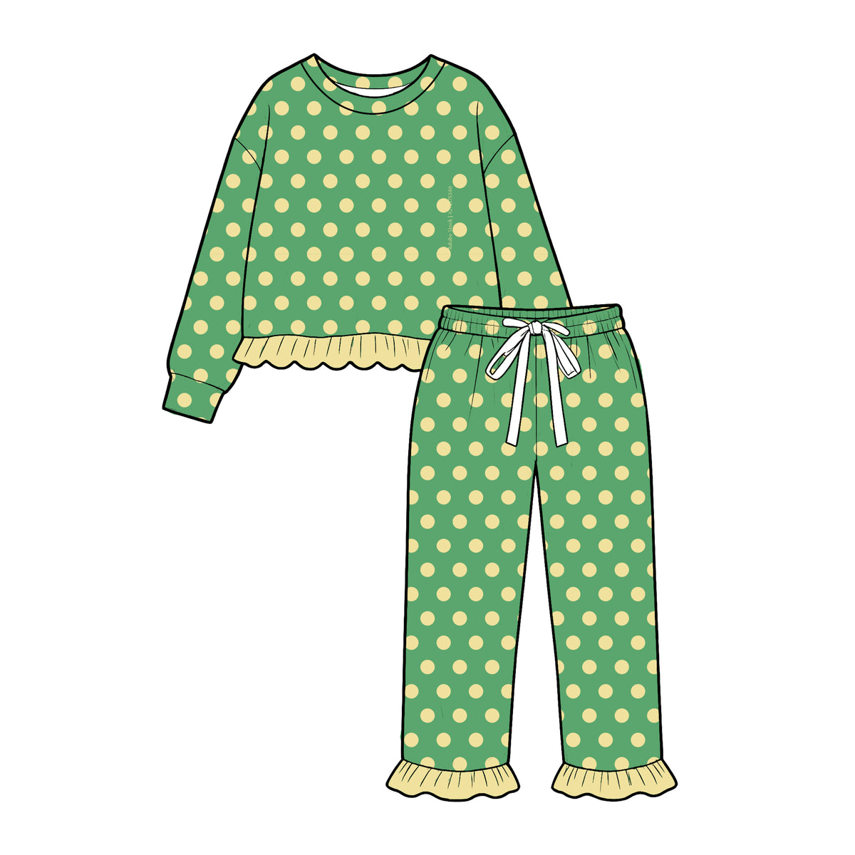 (Preorder new) No moq GLP4094 Baby Girls Polka Dots Green Top Elastic Waist Ruffle Pant Daily Outfit