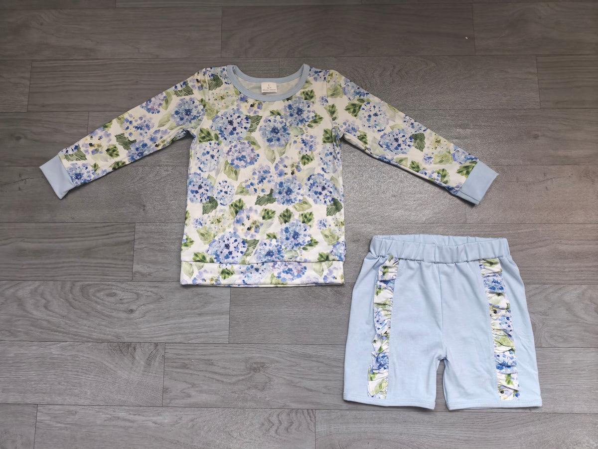 (Sample) No moq milk silk GLS0013 Baby Girls Blue Floral Bows Shirt Top Ruffle Casual Shorts Clothes Sets