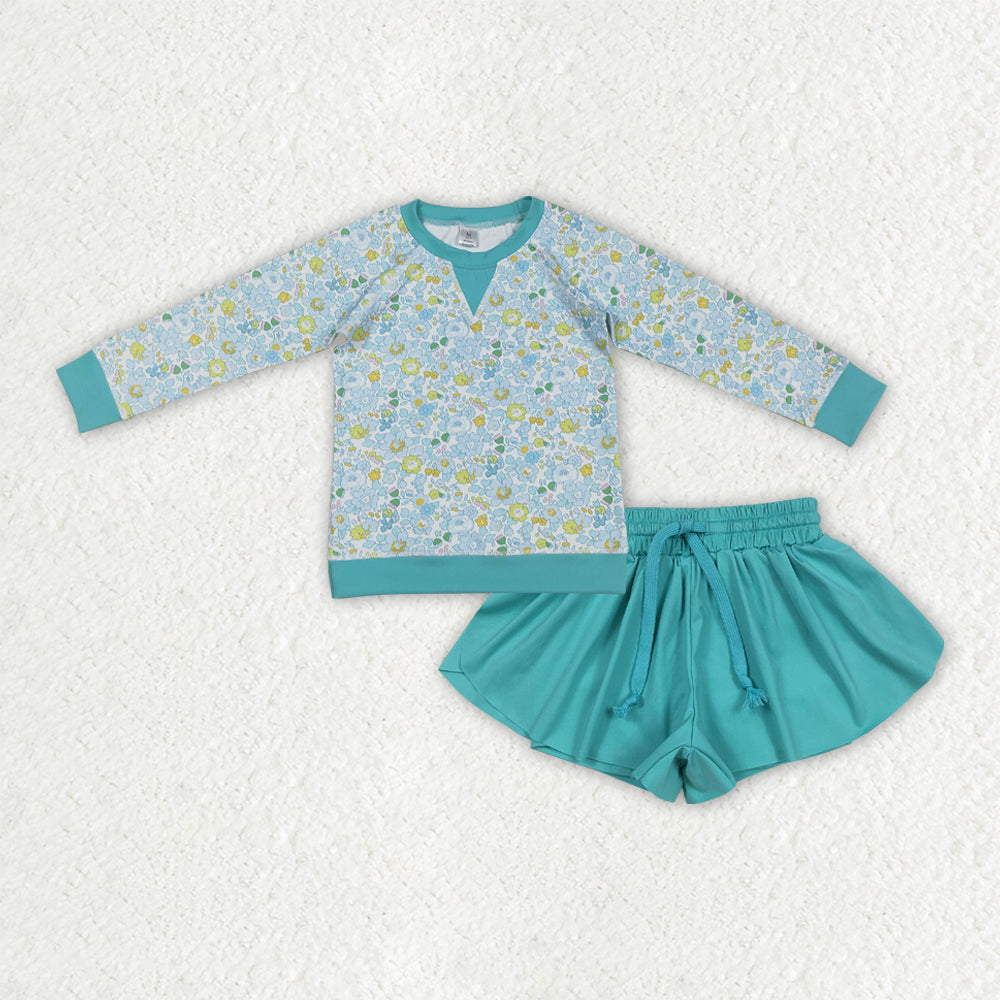 RTS NO MOQ(In Stock) baby girl clothes blue green floral yoga long sleeved top shorts sets-GLS0081