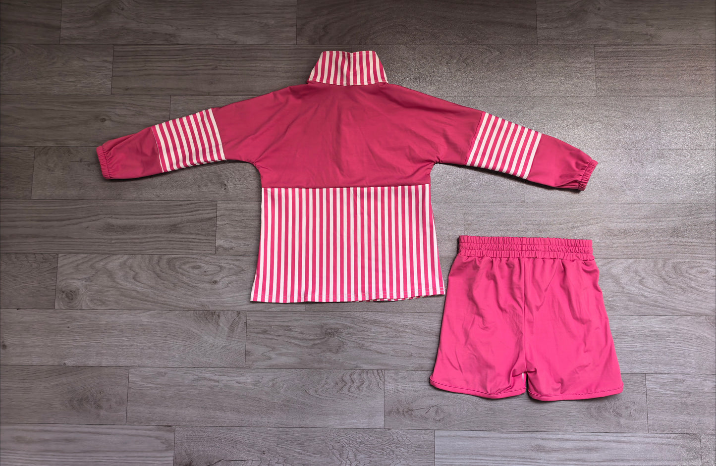 (Sample) No moq yoga fabric GLS0106 (GT1715+SS0949) Yoga Baby Girls Pink Stripe Print Zip Pullover Matching Shorts Two Piece Yoga Active Clothes Set