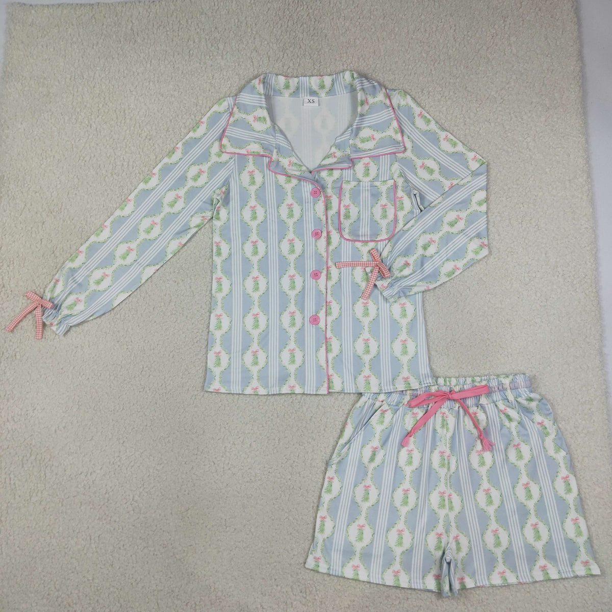 NEW RTS NO MOQ milk silk GLS0114 Adult Women Christmas Bow Tree Button Pocket Top Shorts Pajamas Sets