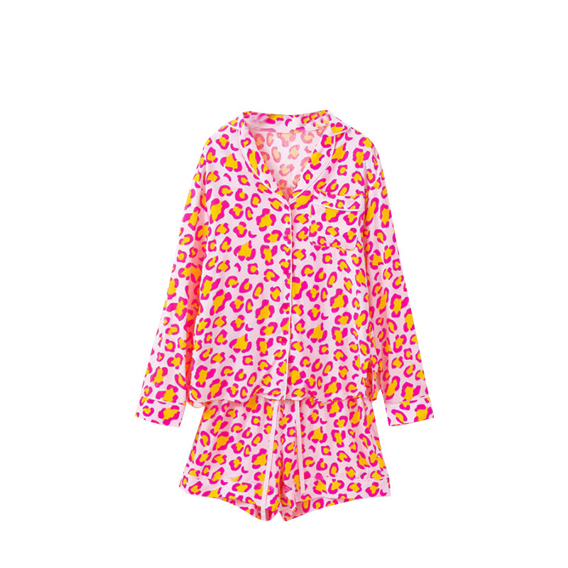(Preorder new) No moq GLS0118 Adult Women Pink Leopard Button Down Pocket Top Elastic Waist Shorts Casual Sleep Sets