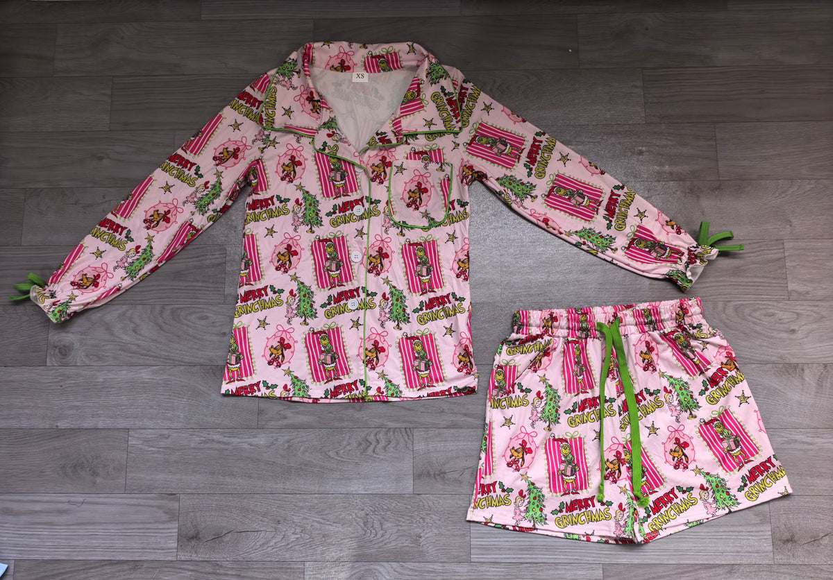 (Sample) No moq milk silk GLS0119 Adult Women Christmas Green Button Pockets Top And Shorts Pajamas Set