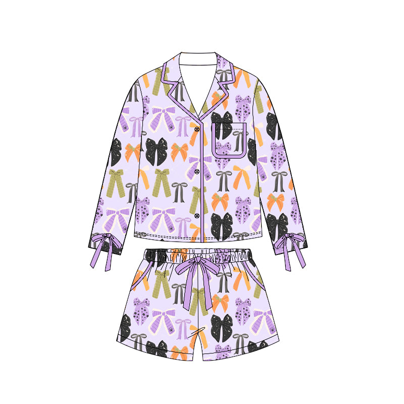 (Preorder new) No moq Adult Women Cute Halloween Spider Bow Graphic Button Front Pocket Top Shorts Comfort Night Sleep Outfits