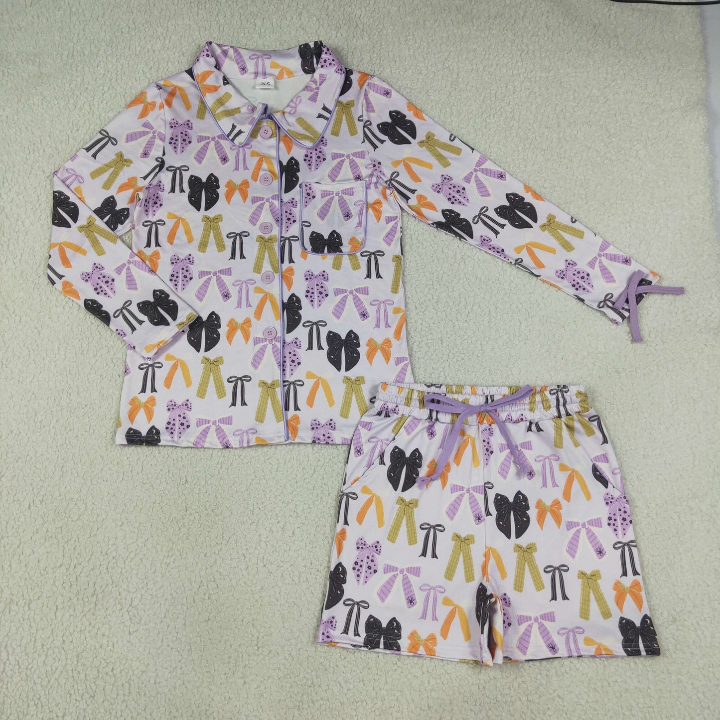 NEW RTS NO MOQ milk silk GLS0120 Adult Women Halloween Bow Print Button Front Pocket Top Shorts Pajama Set