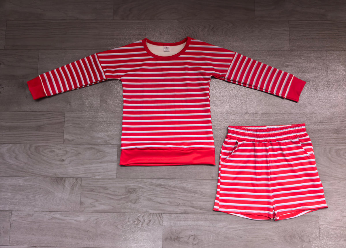 (Sample) No moq yoga fabric GLS0122 Baby Girls Red Blue Stripe Shirt Top Ruffle Short Yoga Set