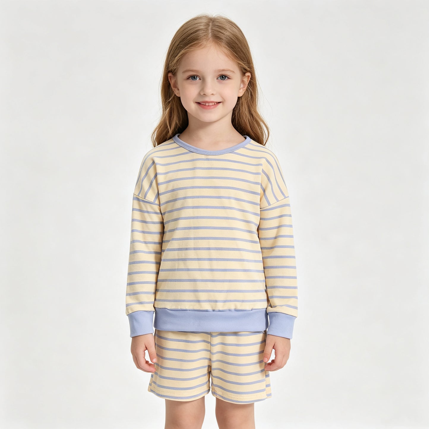 (Sample) No moq yoga fabric GLS0125 Yoga Baby Girls Yellow Blue Stripe Shirt Top Short Yoga Active Clothes Set