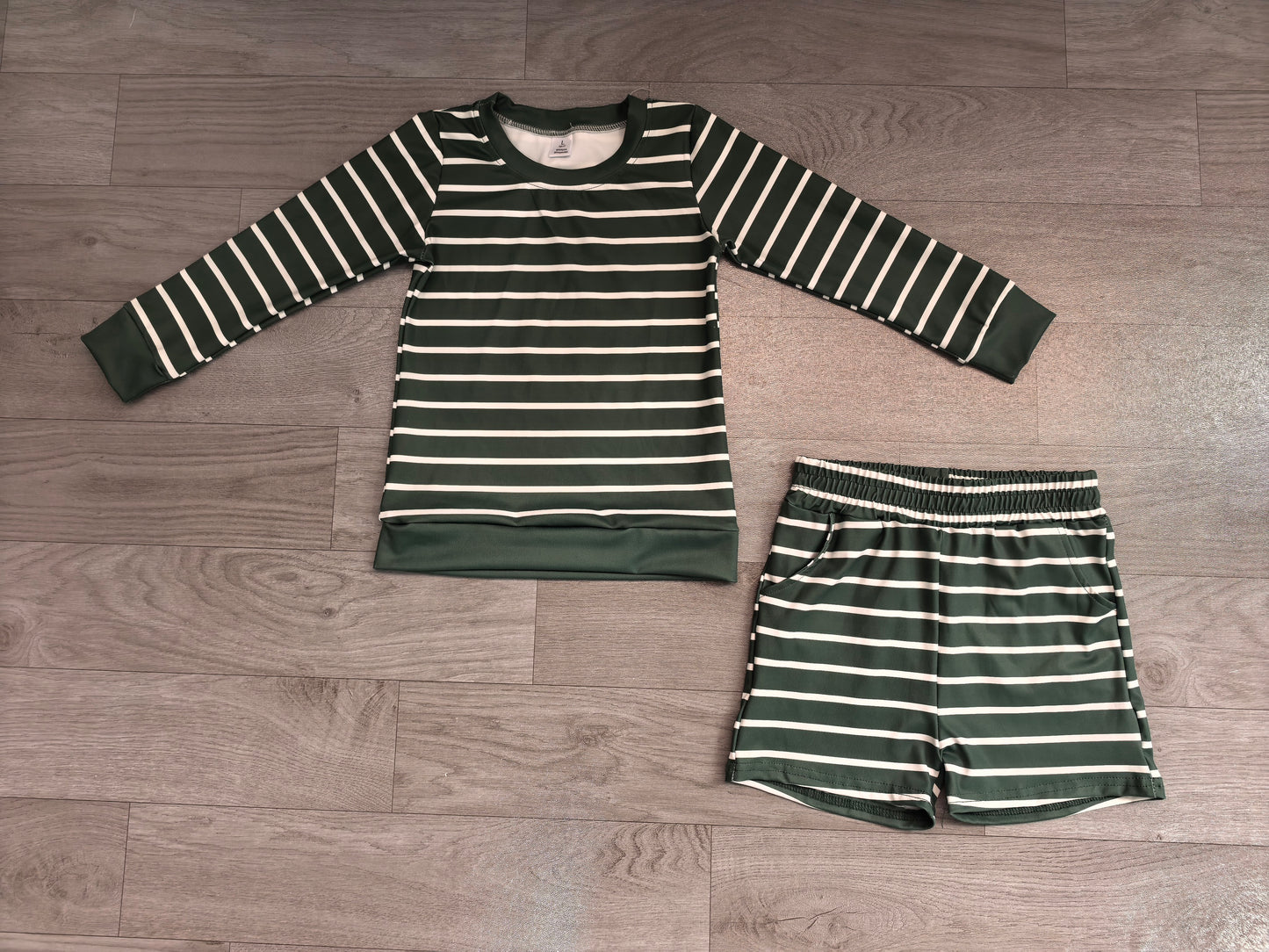 (Sample) No moq yoga fabric GLS0128 Yoga Baby Girls Green Stripe Shirt Top Short Yoga Active Clothes Set