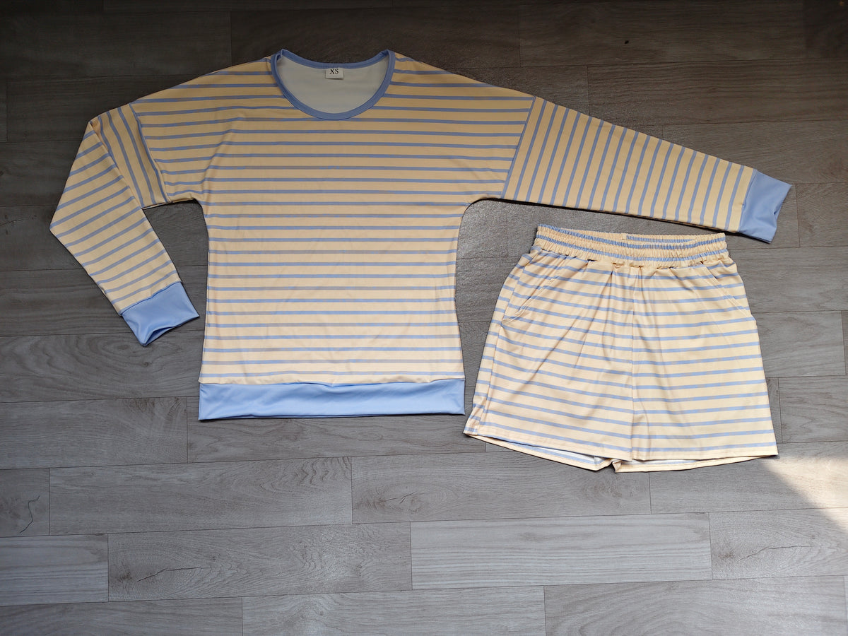 (Sample) No moq yoga fabric GLS0138 Yoga Adult Women Yellow Blue Stripe Long Sleeve Shirt Top Short Yoga Set