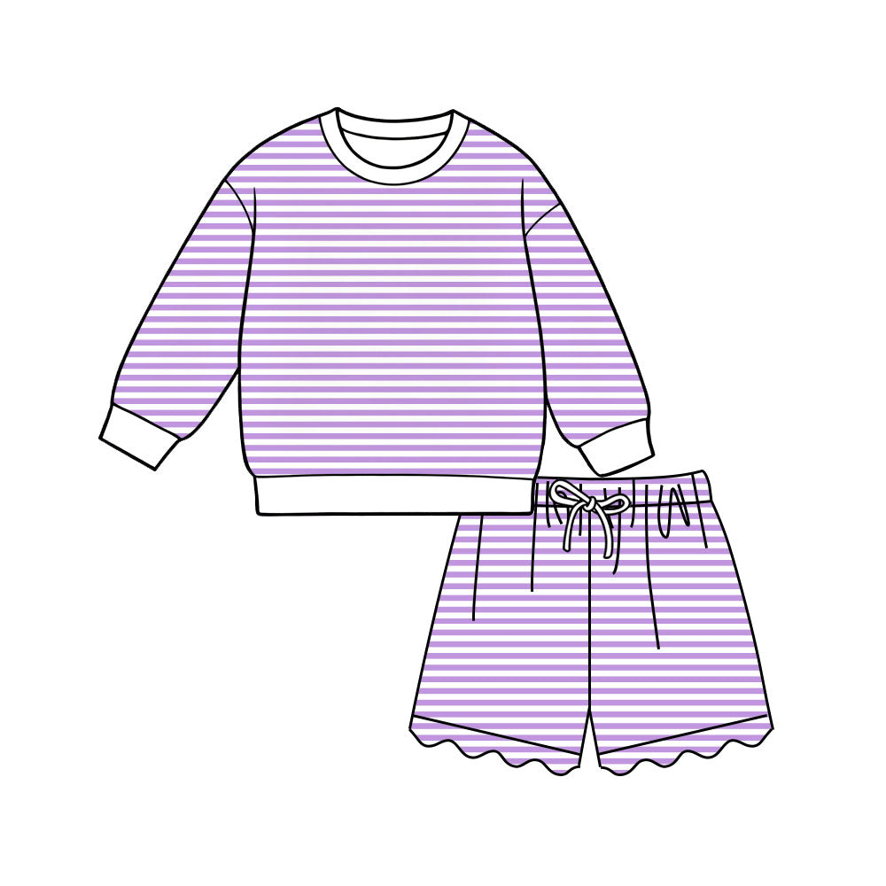 (Preorder new) No moq Kids And Adult Striped Long Sleeve Shirt Top And Scallop Short Yoga Active Set