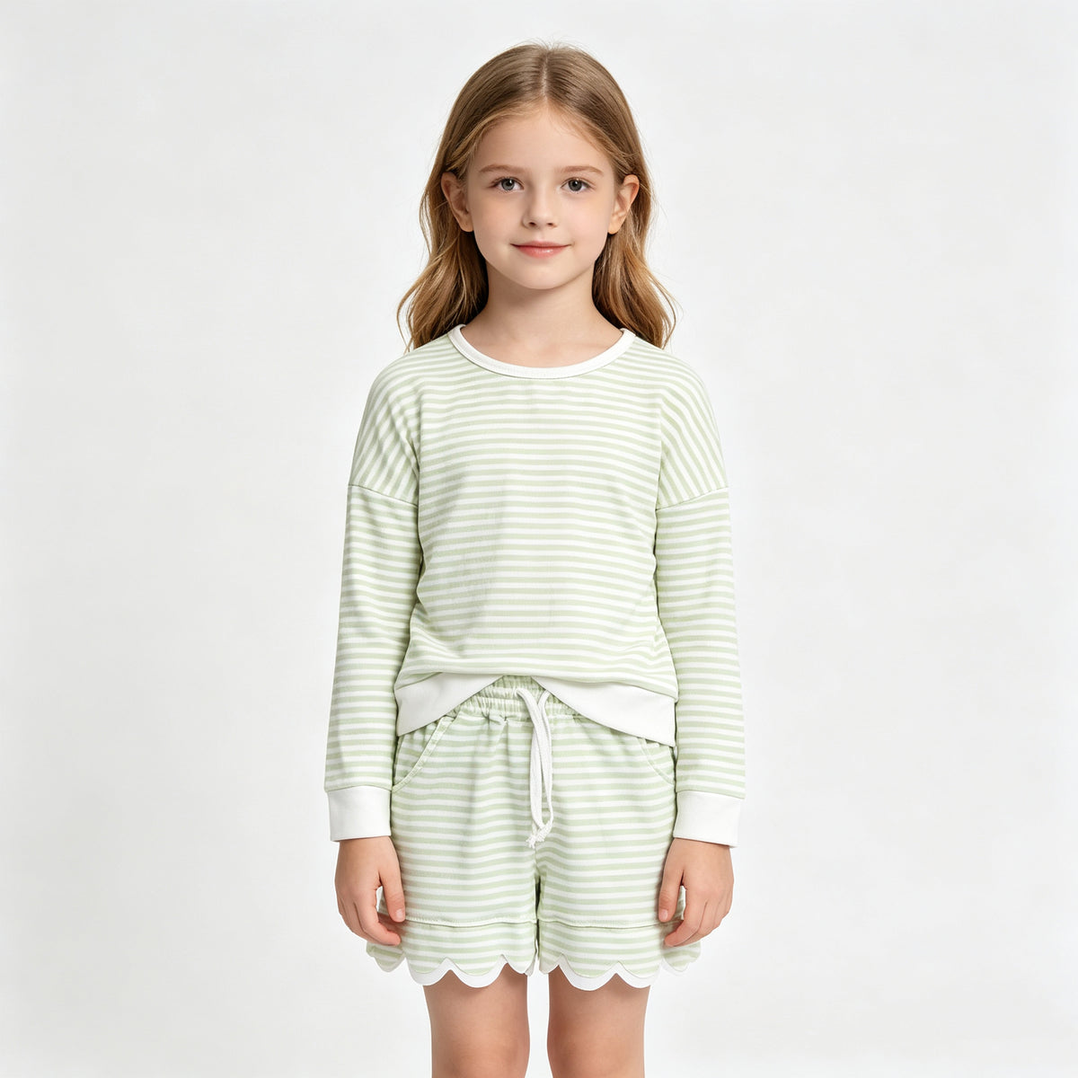 (Sample) No moq yoga fabric GLS0154 Yoga Baby Girls Green Stripe Shirt Top Scallop Short Yoga Active Clothes Set