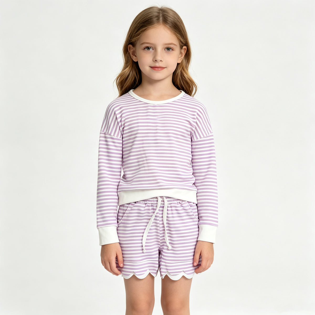 (Sample) No moq yoga fabric GLS0155 Yoga Baby Girls Purple Stripe Shirt Top Scallop Short Yoga Active Clothes Set
