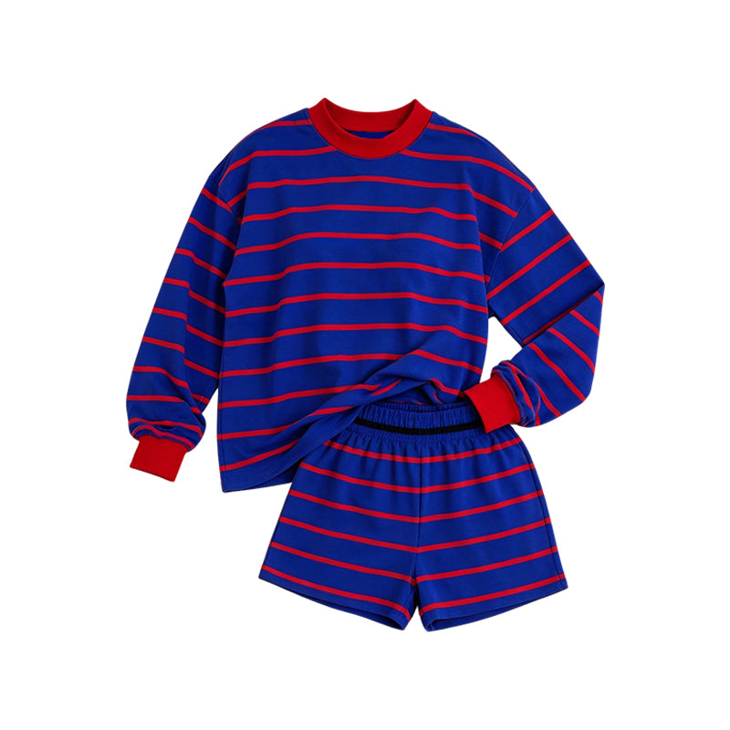 (Preorder new) No moq Yoga Kids And Adult Red Blue Striped Shirt Top And Short Yoga Active Set