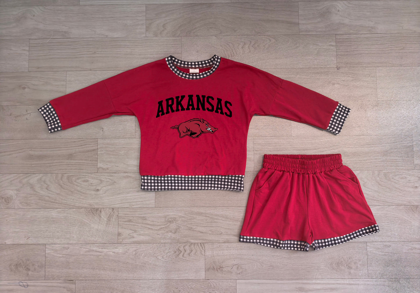 (Sample) No moq Vinyl GLS0167 Baby Boys Vinyl Arkansas Long Sleeve Top Short Team Clothes Set