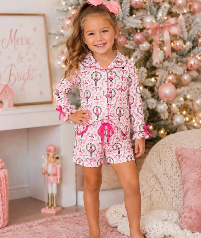 (Sample) No moq milk silk GLS0173 Baby Girls Christmas Pink Bow Button Front Pocket Top Elastic Waist Short Pajama Set