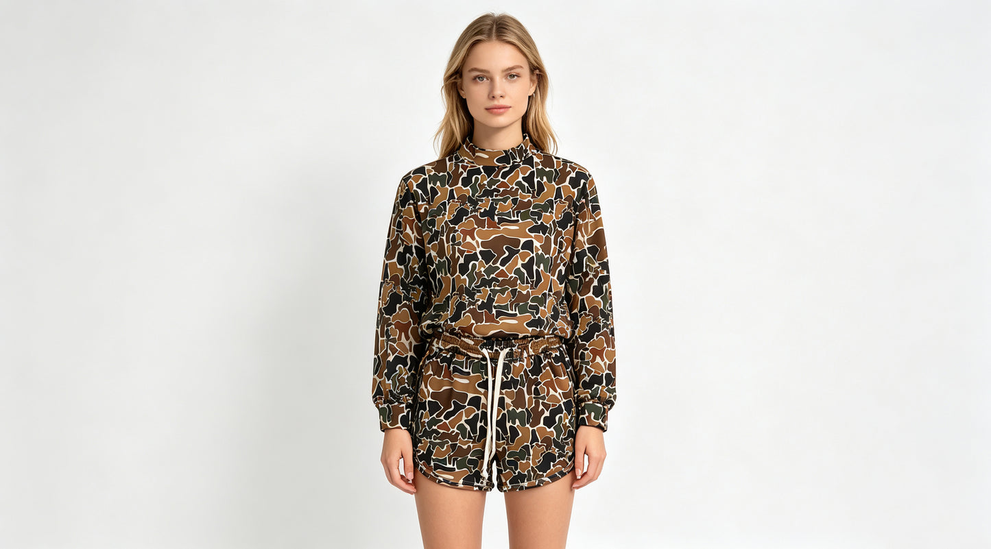 (Sample) No moq yoga fabric GLS0185(GT1817+SS0988)Yoga Adult Women High Neck Dark Brown Camo Long Sleeve Top Pockets Shorts Yoga Active Clothes Set