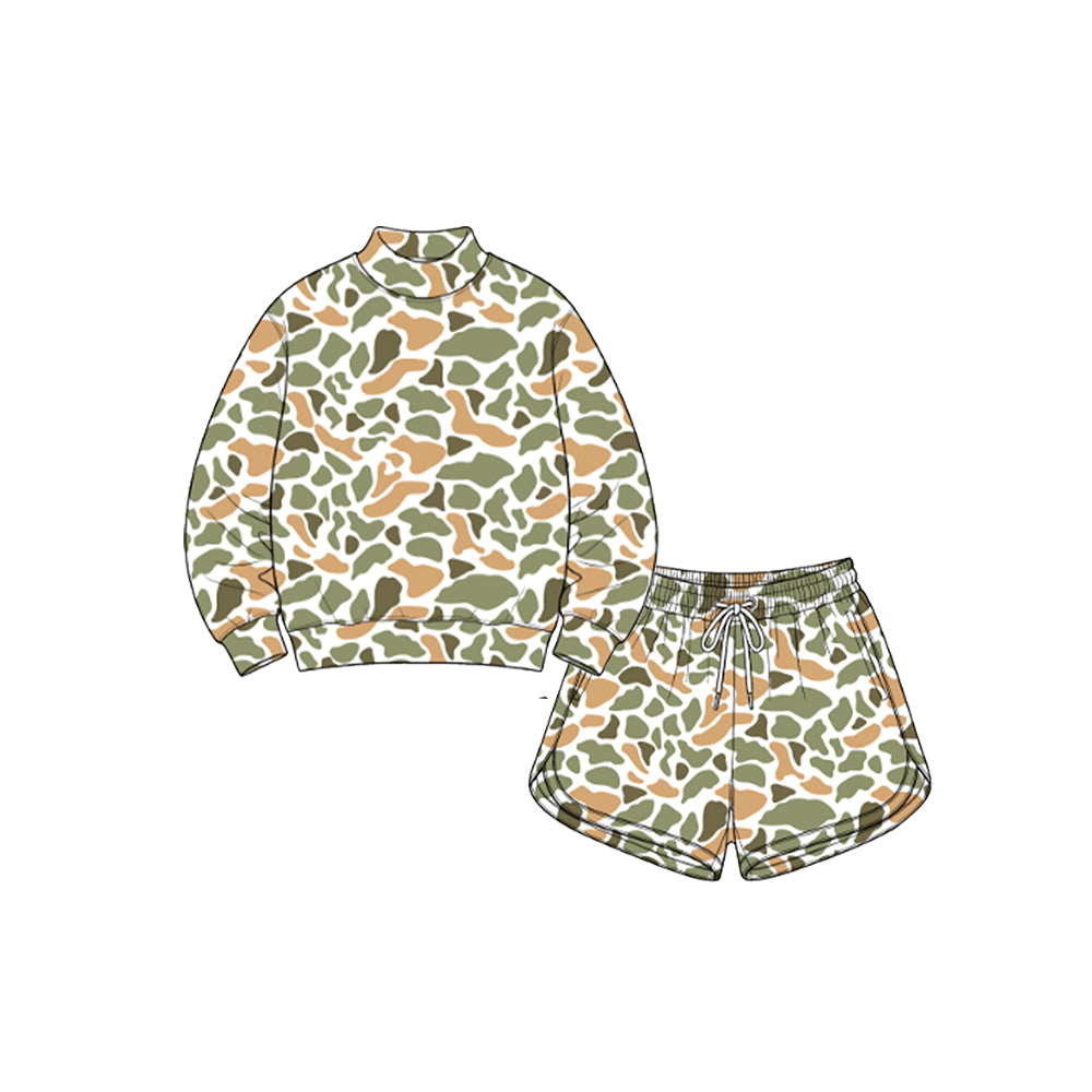 (Preorder new) No moq Yoga Baby Girls Wood Camo Long Sleeve Top Pockets Shorts Yoga Active Clothes Set