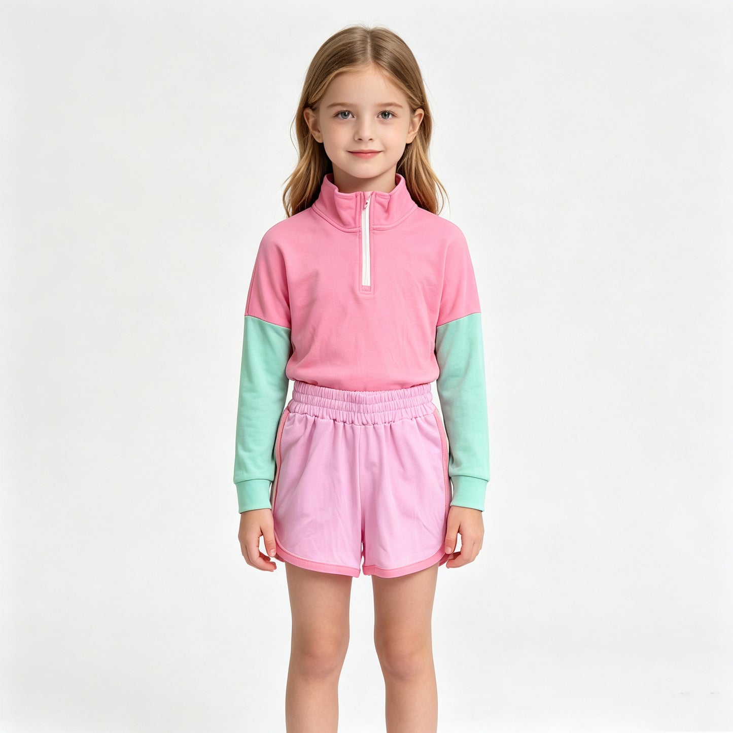 (Sample) No moq cotton GLS0193(GT1820+SS0991)Baby Girls Patchwork Zip Pullovers Pockets Short Casual Sets