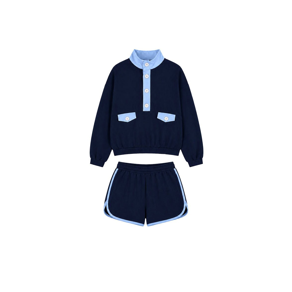 (Preorder new) No moq Baby Girls Block Half Button Stand Collar Top Shorts Casual Outfit