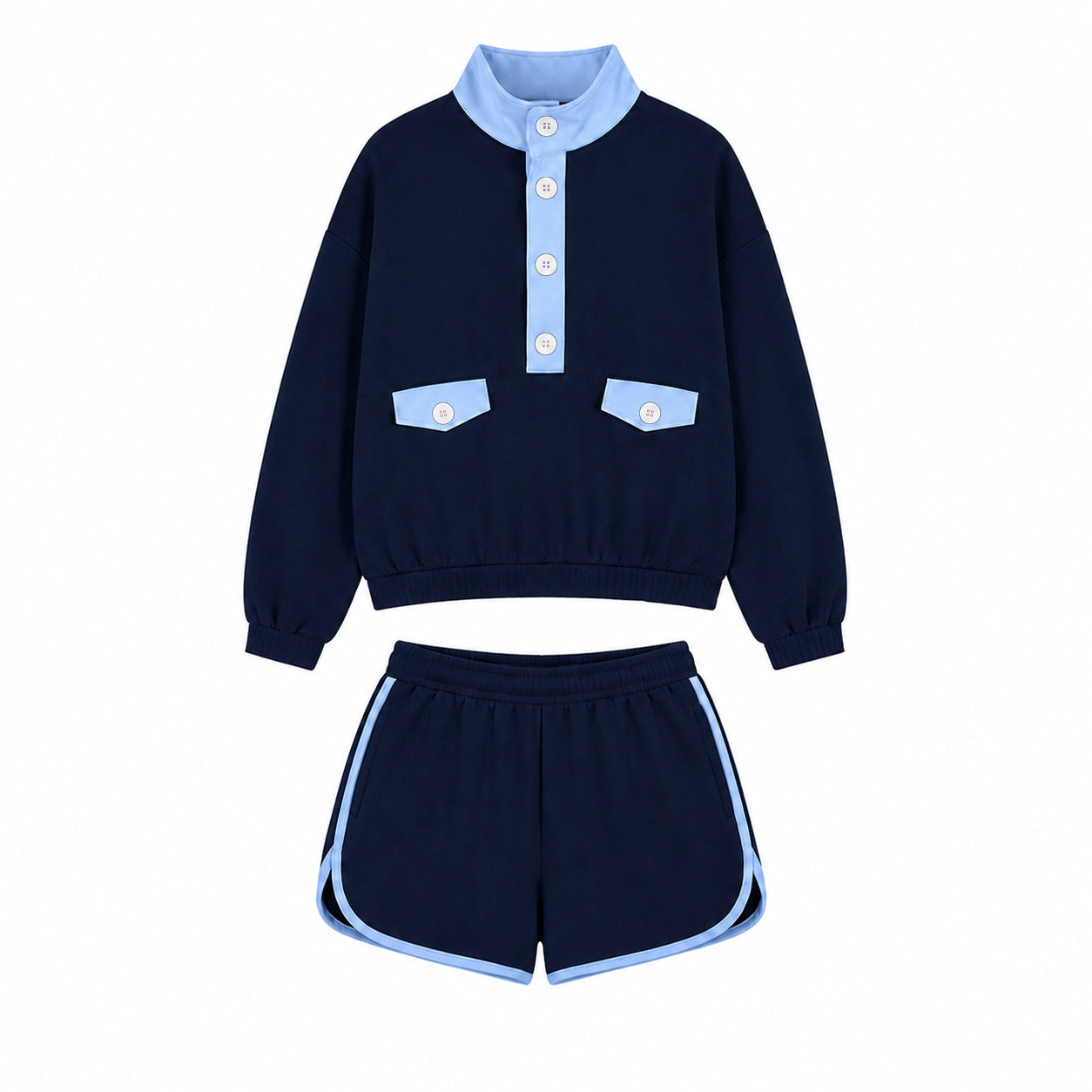 (Preorder new) No moq Adult Women Block Half Button Stand Collar Sweatshirt Stripe Shorts Casual Outfit