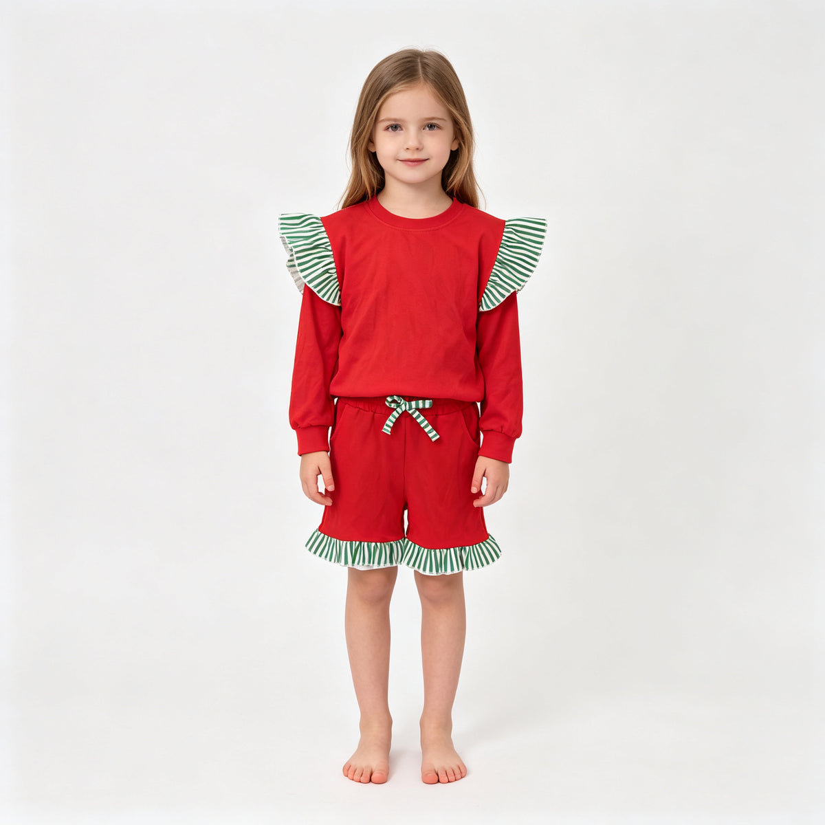 (Sample) No moq milk silk GLS0217(GT1844+SS0997)Baby Girls Stripe Flutter Sleeve Red Top Pockets Ruffle Short Clothes Set